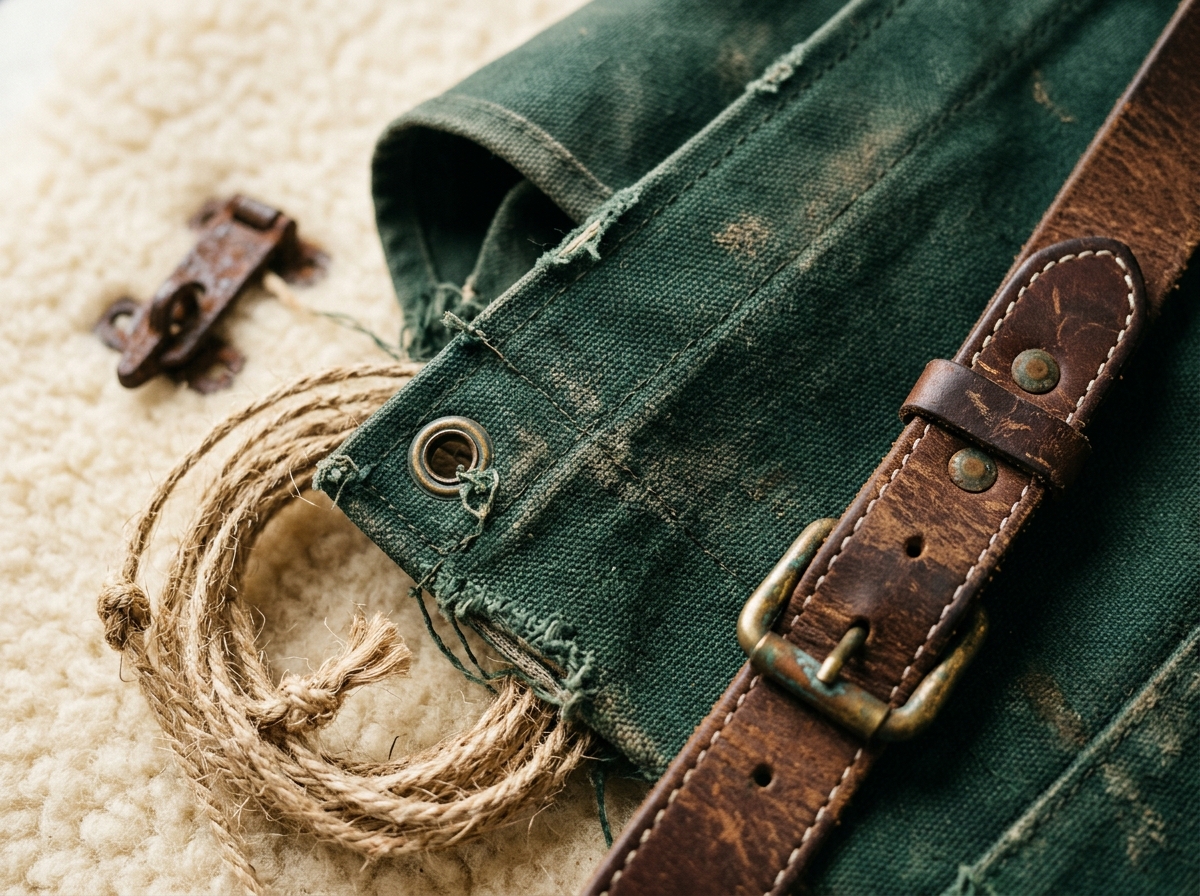 Worn green workwear canvas and leather belt, photographed as a field-journal still life