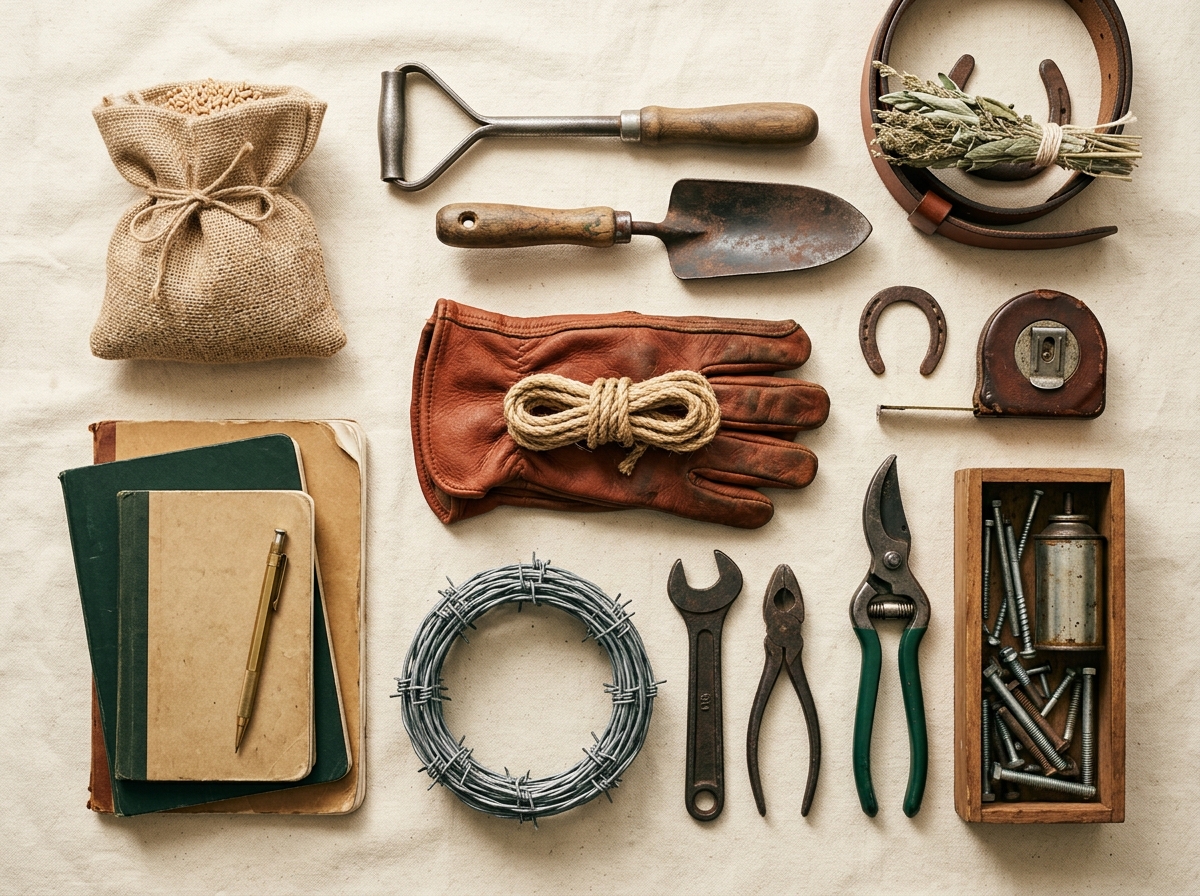 Field tools arranged on canvas