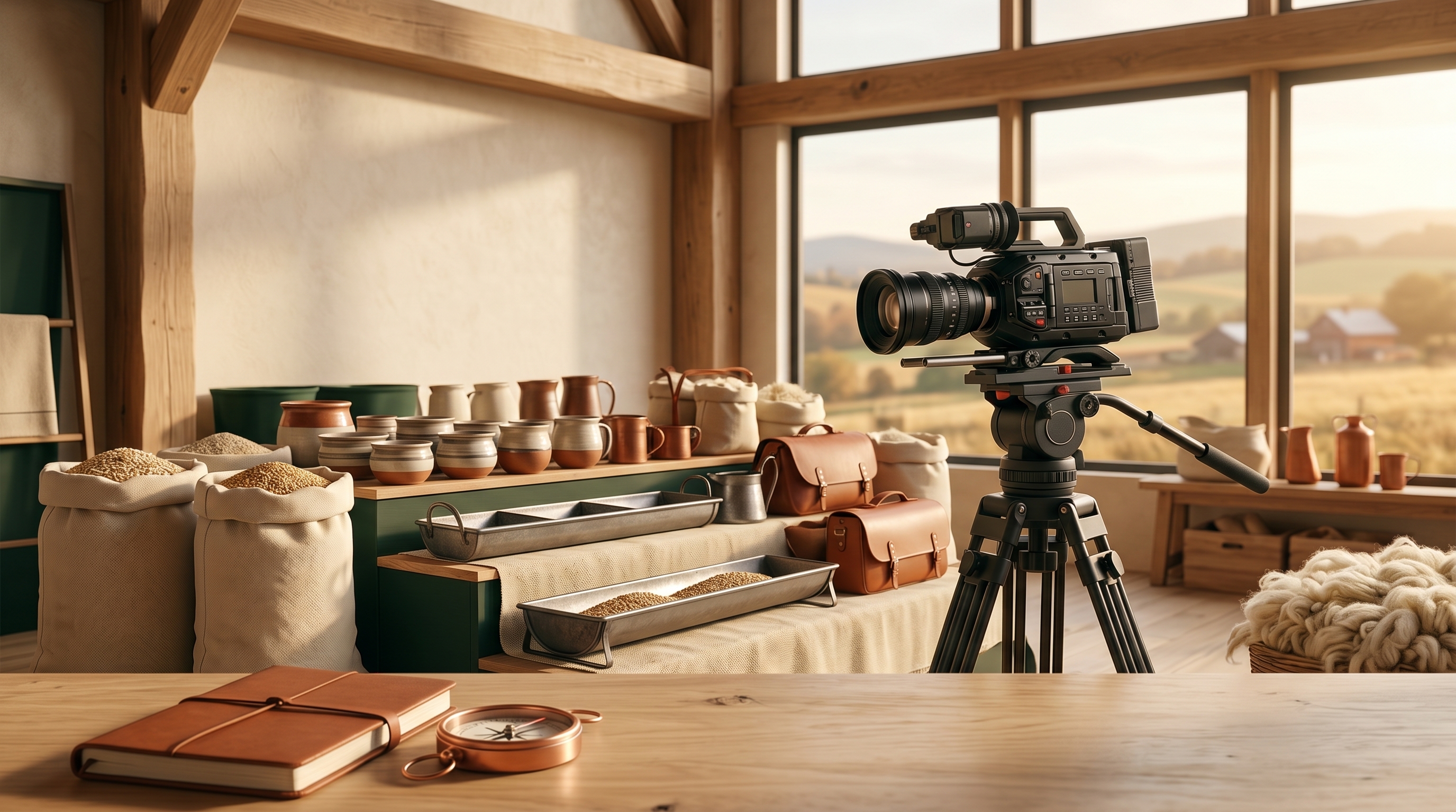 Editorial wide-angle interior scene with neutral props, warm directional natural light, deep-green structural surfaces, and a single editorial copper-orange accent — no people, no signage.